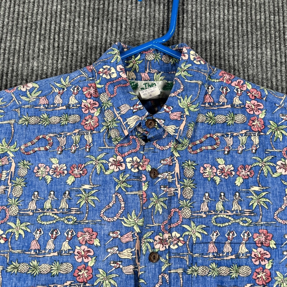 Two Palms Shirt Mens Medium Blue Short Sleeve Button Up Hawaiian USA Made